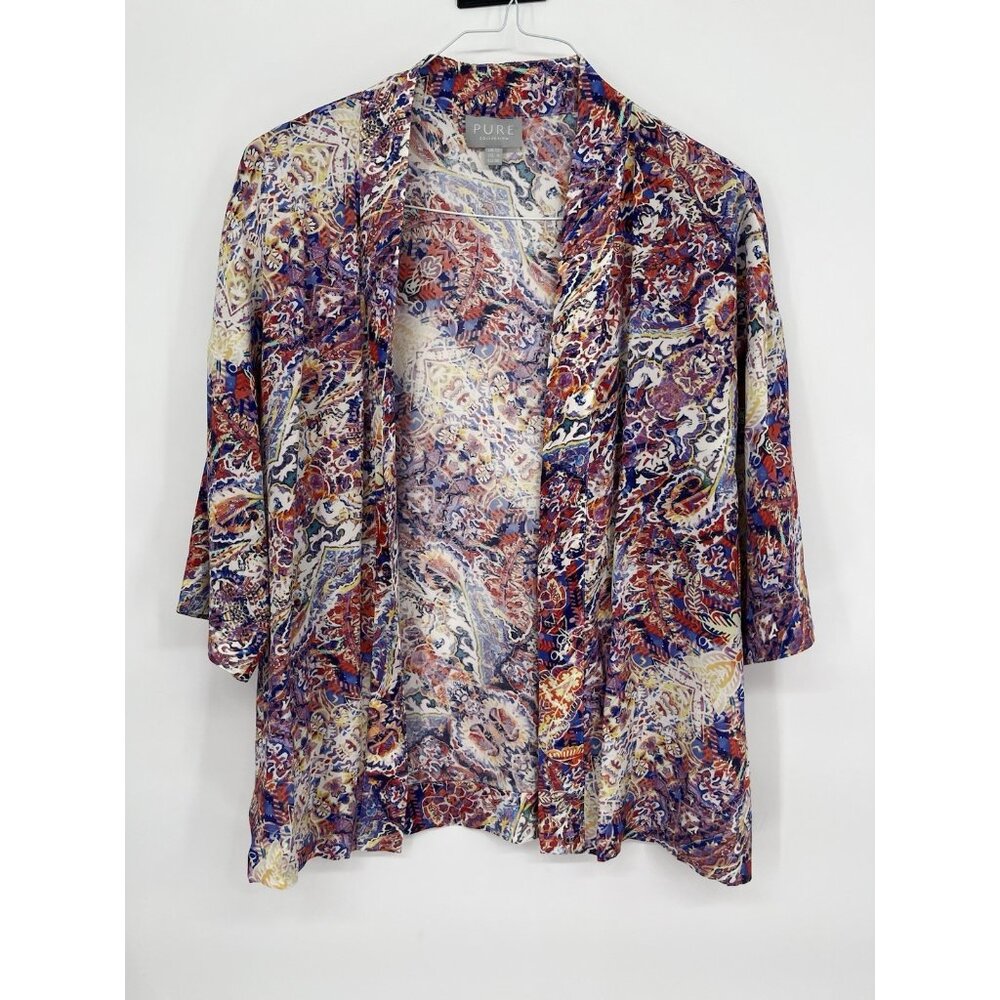 Pure Collection Multicolor Floral Print 100% Silk Open Front Cardigan Size 4